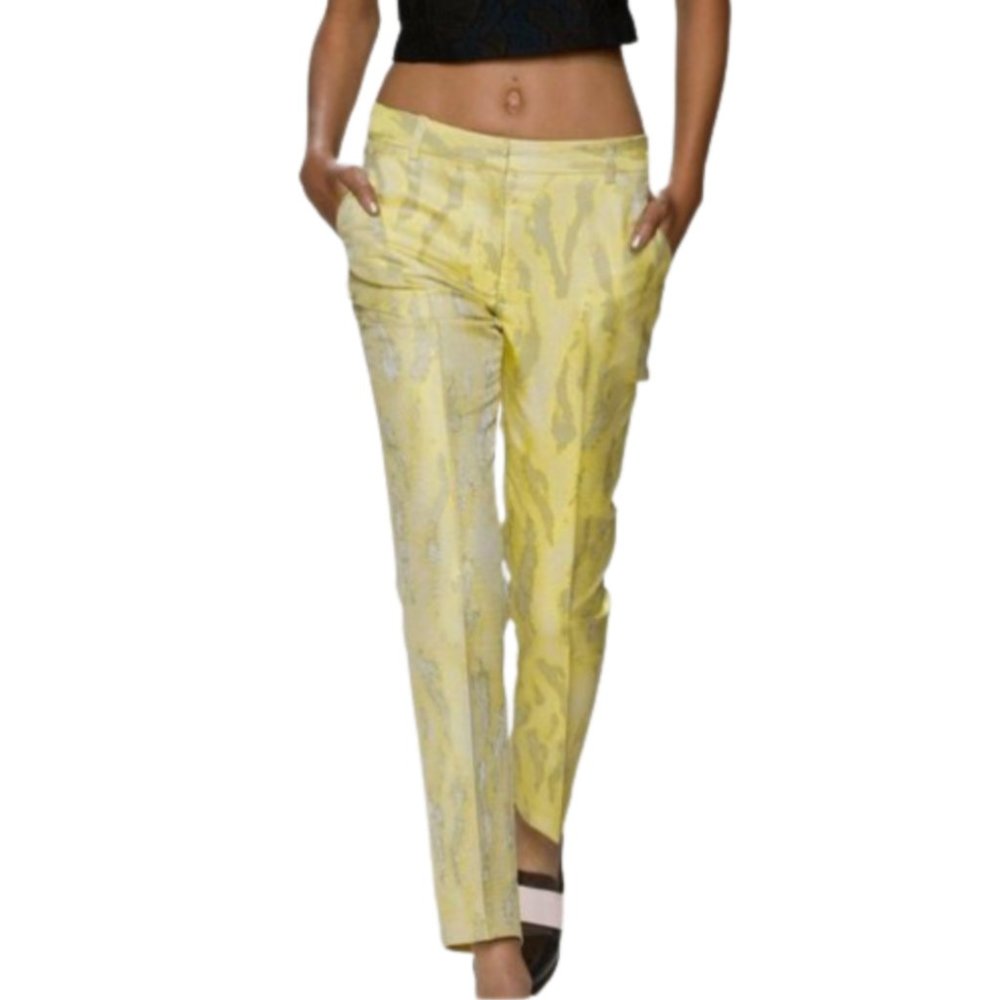 3.1 Philip Lim Straight Leg Pants Womens 6 Yellow Ankle Metallic Print Mid Rise